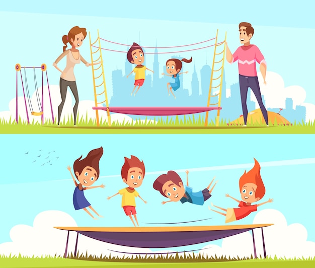 Set of kids jumping on trampolines