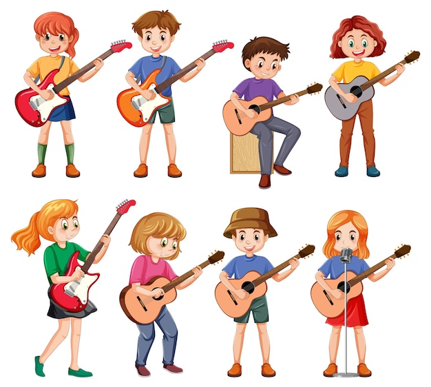 Free Vector set of kids playing different musical instrument