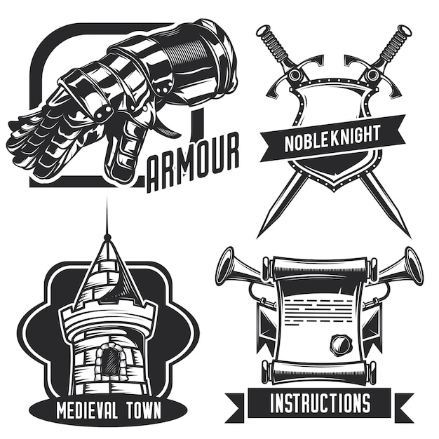 Set of knight emblems, labels, badges, logos. Isolated on white