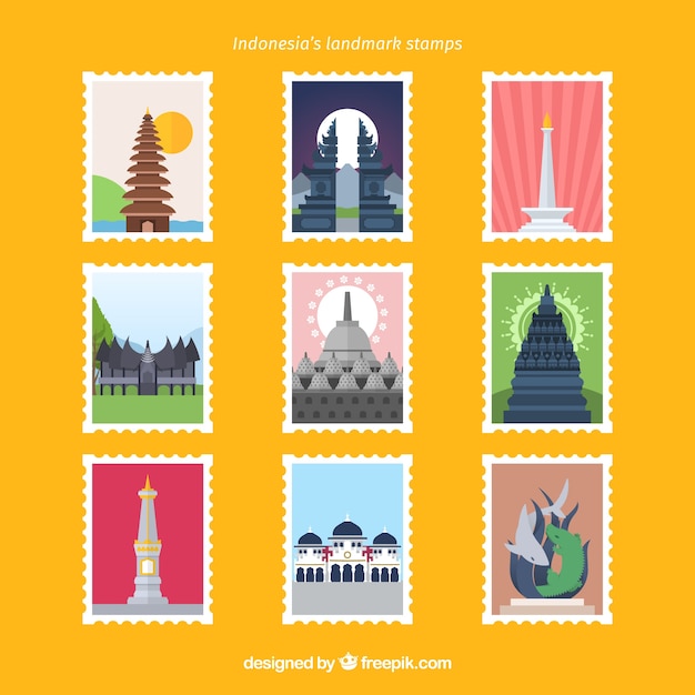 Free Vector set of landmark stamps with cities and monuments