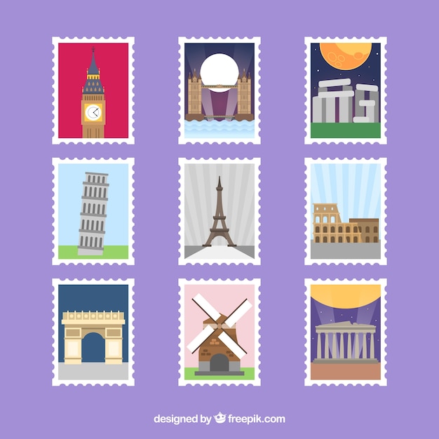 Free Vector set of landmark stamps with cities and monuments