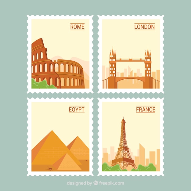 Free Vector set of landmark stamps with cities and monuments