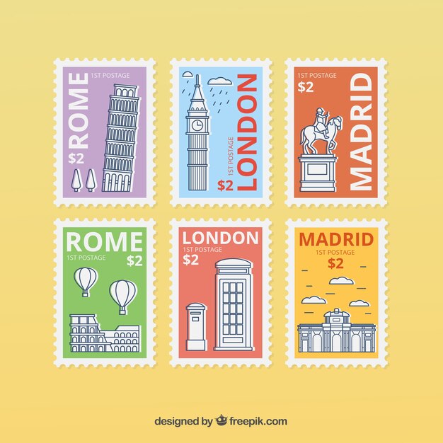 Set of landmark stamps with cities and monuments