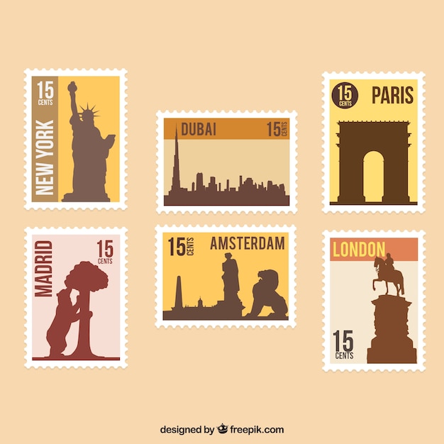 Set of landmark stamps with different cities in flat style