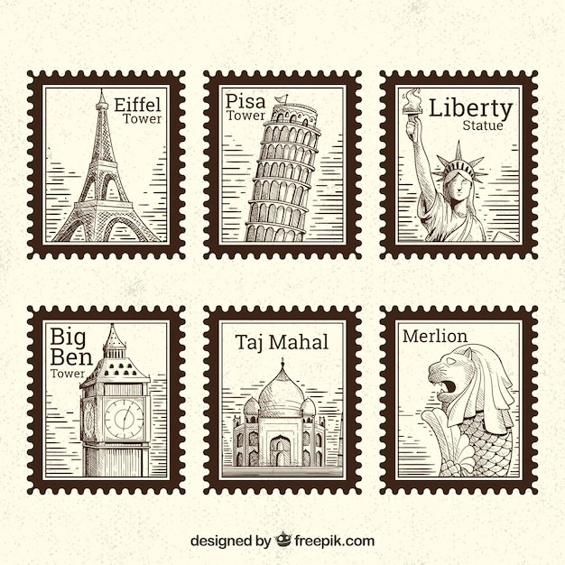 Free Vector set of landmark stamps with different cities in hand drawn style