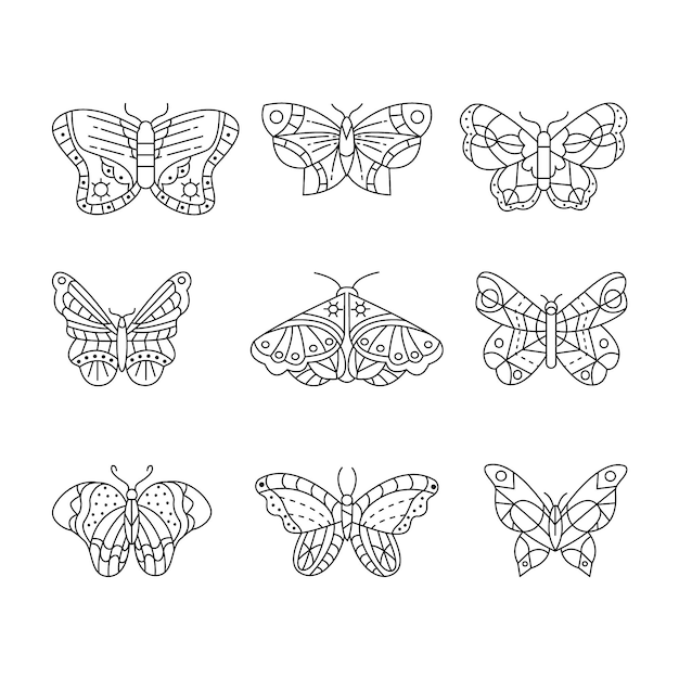 Set of linear flat butterfly outline