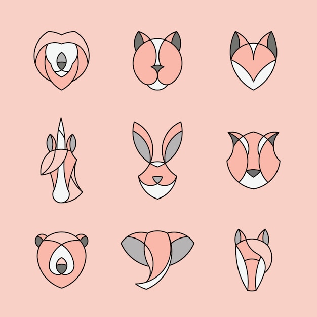 Free Vector set of linear graphic of animal heads