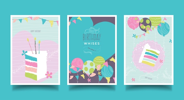 Free Vector set of lovely birthday greeting cards with cakes