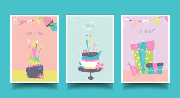 Free Vector set of lovely birthday greeting cards with cakes