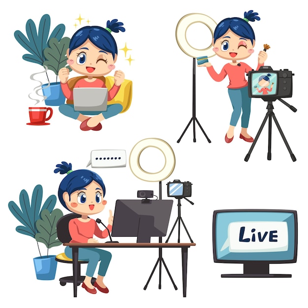 Set of lovely blogger woman use laptop and desktop computer working from home in cartoon character and difference emotion, isolated vector illustration