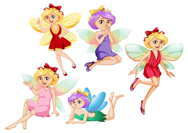 Free vector a set of lovely fairy on white background