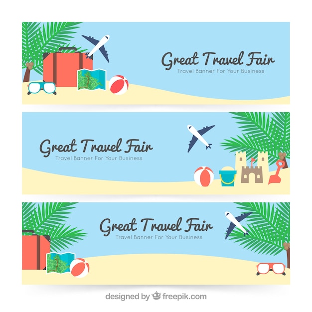 Free Vector set of luggage banners on the beach 