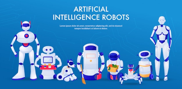 Set of machines artificial intelligence robots pets and household assistants horizontal banner