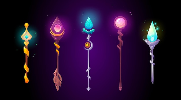 Set of magic power staffs isolated on background