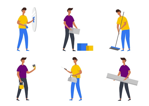 Free Vector set of man doing activity at home in cartoon character, repair hose, cleaning glass window and other gesture, isolated flat   illustration