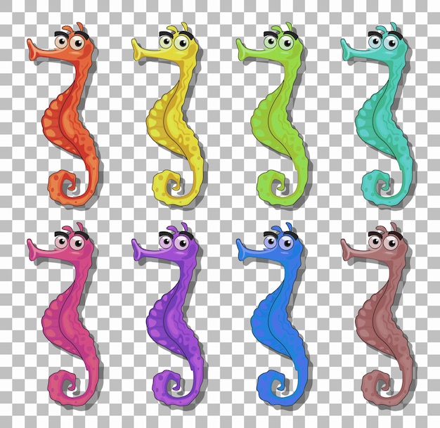 Free Vector set of many seahorse cartoon character isolated on transparent background