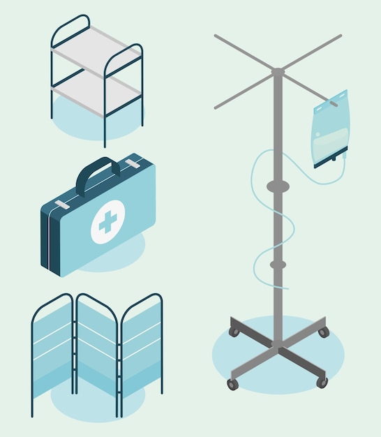 set of medical equipment isometric style