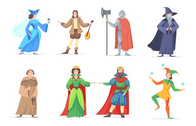 Set of medieval cartoon characters in historical costumes. Flat illustration