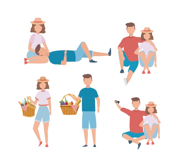 Free Vector set of men and women couple with hamper food