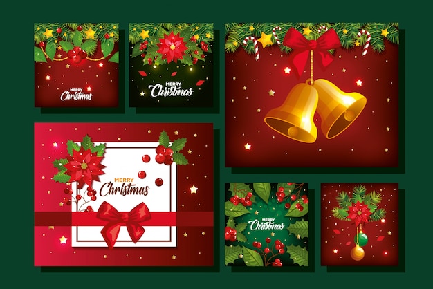 set of merry christmas poster with decoration