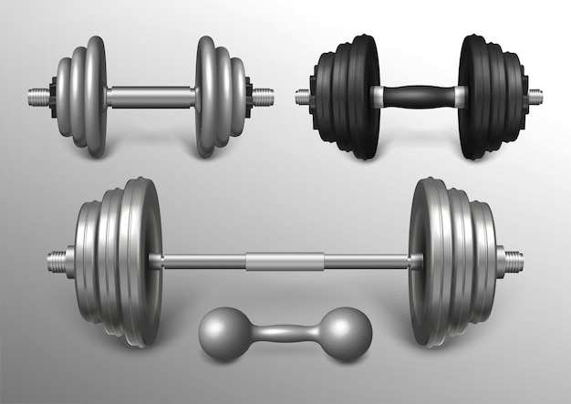 Set of metal barbell and loadable dumbbells realistic vector illustration. Heavy fitness sport tools for training, weightlifting workout. Powerlifting gear and gym equipment for strong muscles.