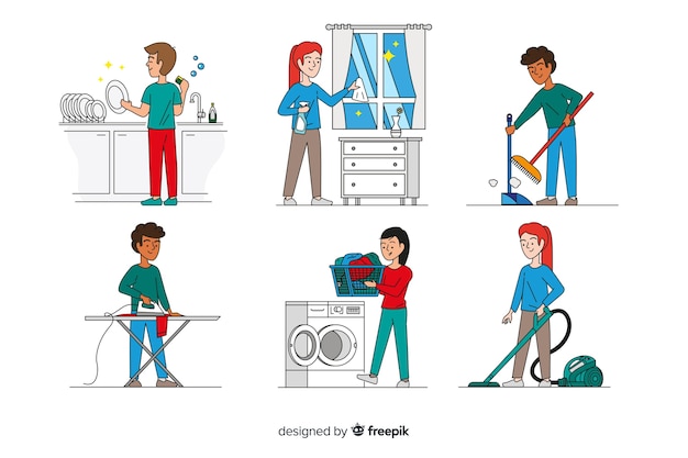 Free Vector set of minimalist characters doing housework