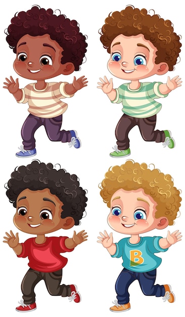 Free Vector set of mixed race boy cartoon character