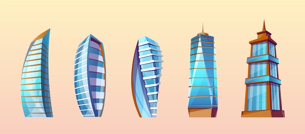 Free vector set of modern buildings in cartoon style. urban skyscrapers, town exterior