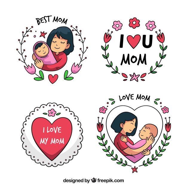 Set of mother's day badges with cute ornaments