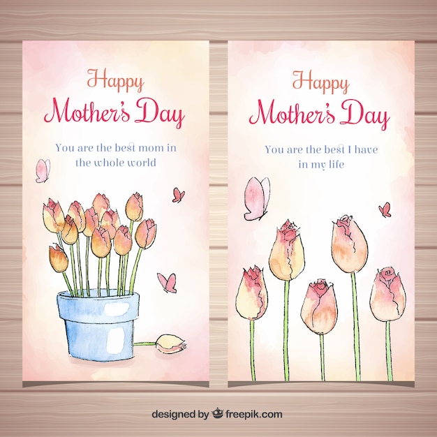 Free Vector set of mother's day banners with watercolor flowers