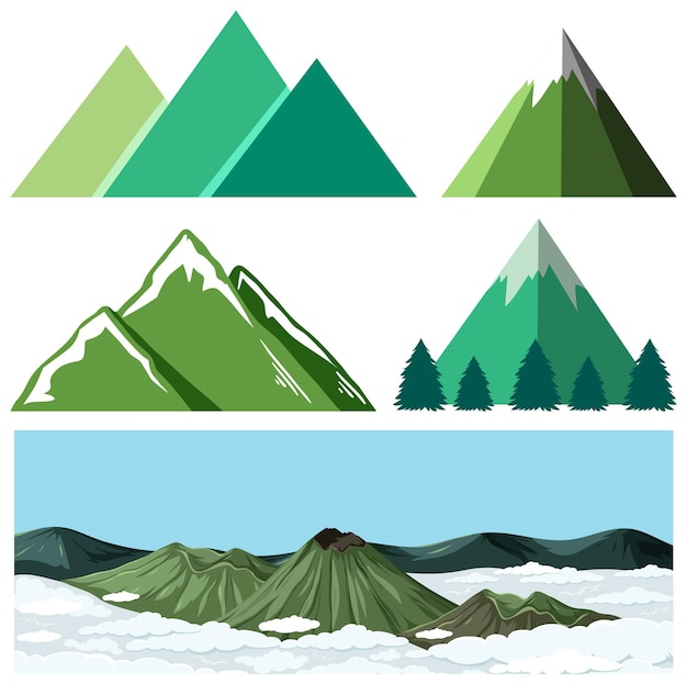 Set of mountains in different style icon