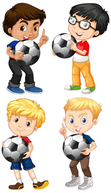 Set of multicultural boy holding football