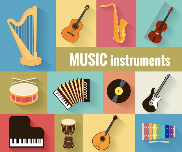 Free Vector set of musical instruments harp, guitar, saxophone, violin, drum, accordion, piano and banjo.  isolated on a separate background.