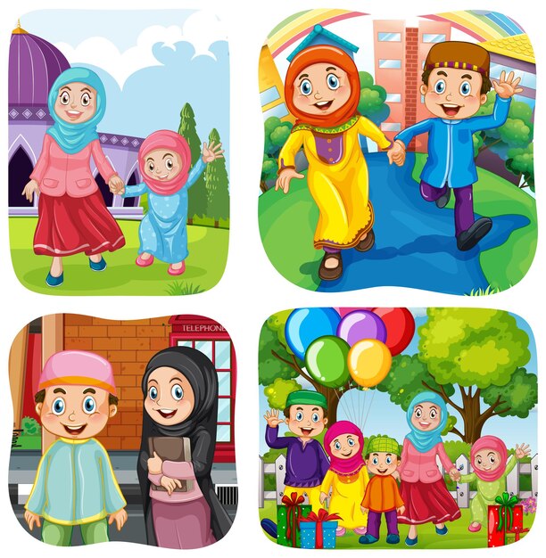 Set of muslim people cartoon character in different scene