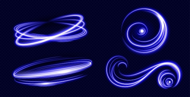 Set of neon blue abstract swirls on transparent