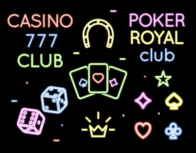 Set of  neon light logos of poker club and casino. Gambling and card, game and play 