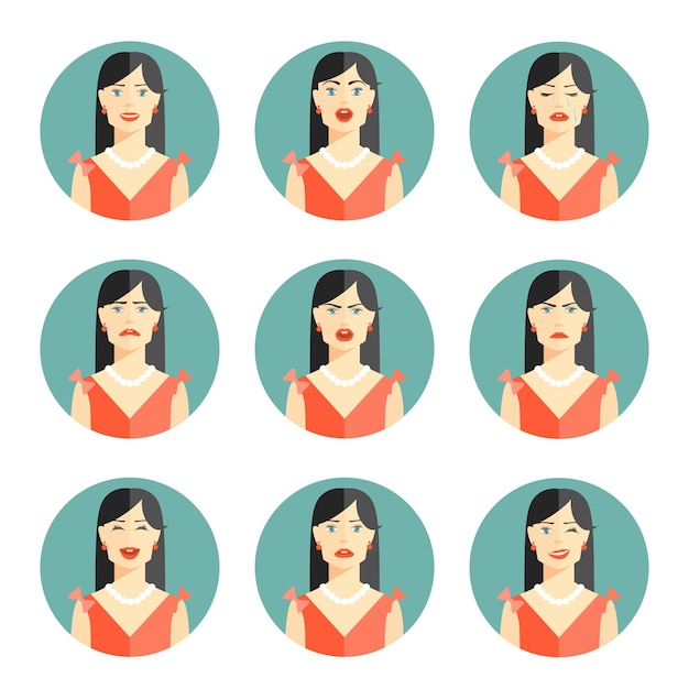 Free Vector set of nine different women emotions depicting happiness  joy  sadness  worry  anger  frustration  disbelief and confusion in head and shoulder pose in circular vector illustration