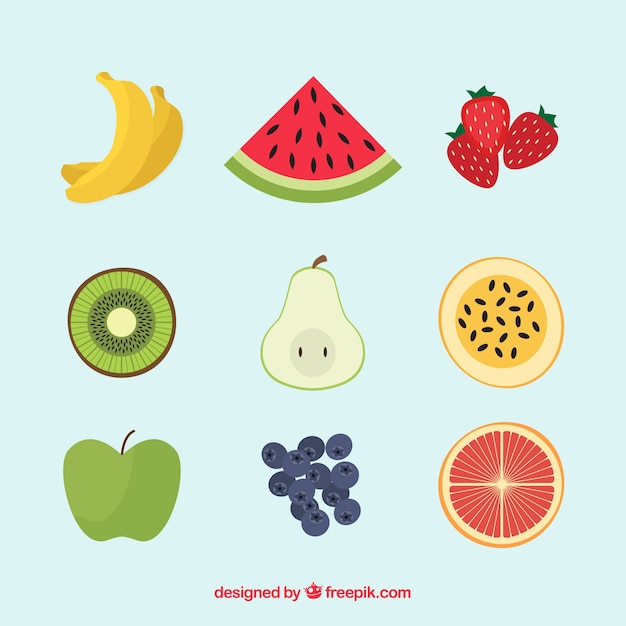 Set of nine flat tasty fruits