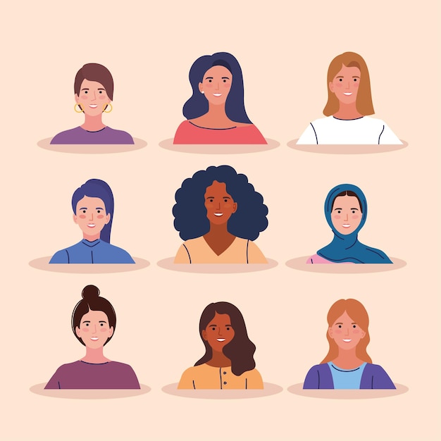 set of nine icons with womens faces