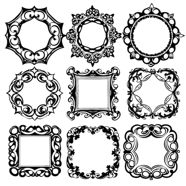 Free Vector set of nine ornate decorative frames isolated on a white background