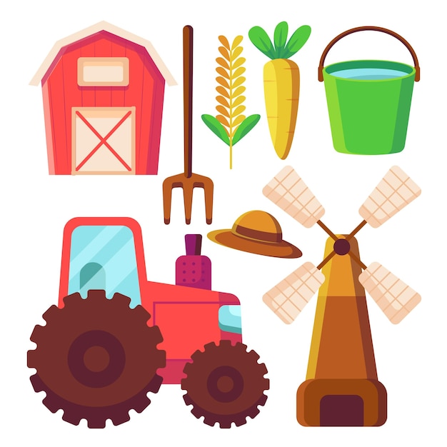 Free vector set of object element with garden or farm equipment corn cart windmills tractor and other in cartoon style isolated on white background