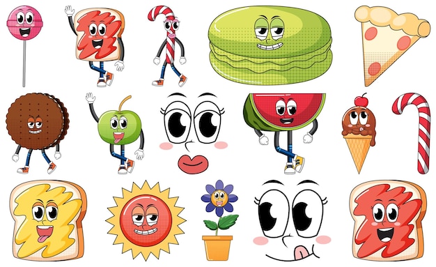 Free Vector set of objects and foods cartoon characters