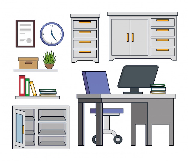 Free Vector set office cabinet with computer and books in the desk