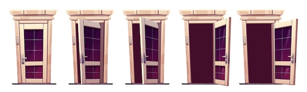 Free Vector set of open and closed classic wooden front doors