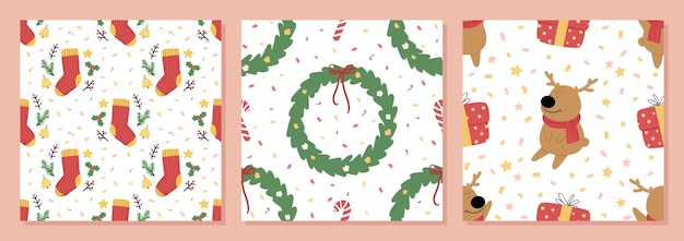 Set of Organic hand drawn christmas seamless pattern vector illustration