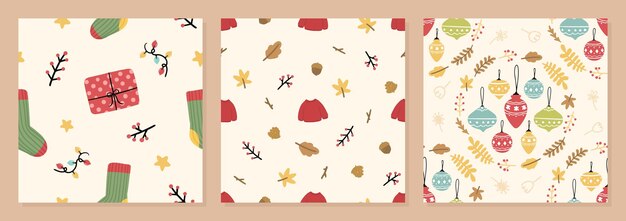 Set of Organic hand drawn christmas seamless pattern vector illustration