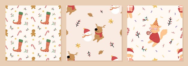 Set of Organic hand drawn christmas seamless pattern vector illustration