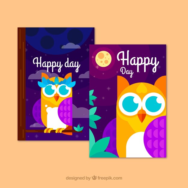 Set of owl greeting cards in flat design