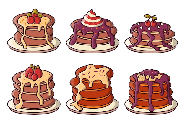 Free vector set of pancakes on white plate with various topping