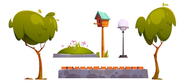 Free Vector set of park items green trees flower bed street lamp and wooden birdhouse with stone fence or bench